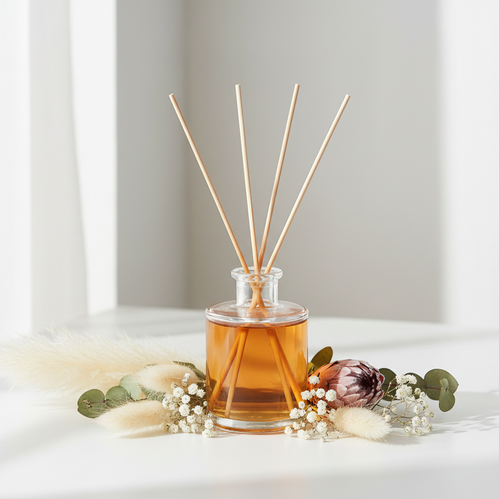 Diffuseur de parfum fleurs séchées en flacon verre avec tiges rotin