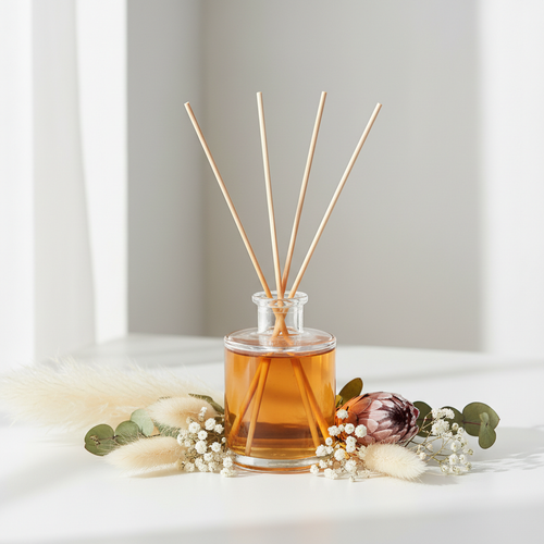 Diffuseur de parfum fleurs séchées en flacon verre avec tiges rotin